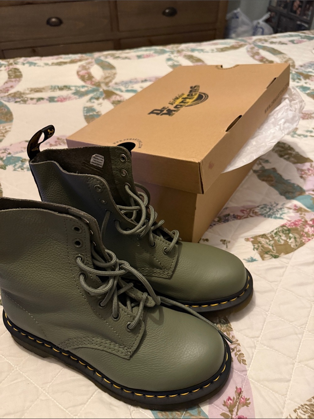 Dr. Martens women Olive Green Leather Lace-Up Combat Boots with Yellow Stitching